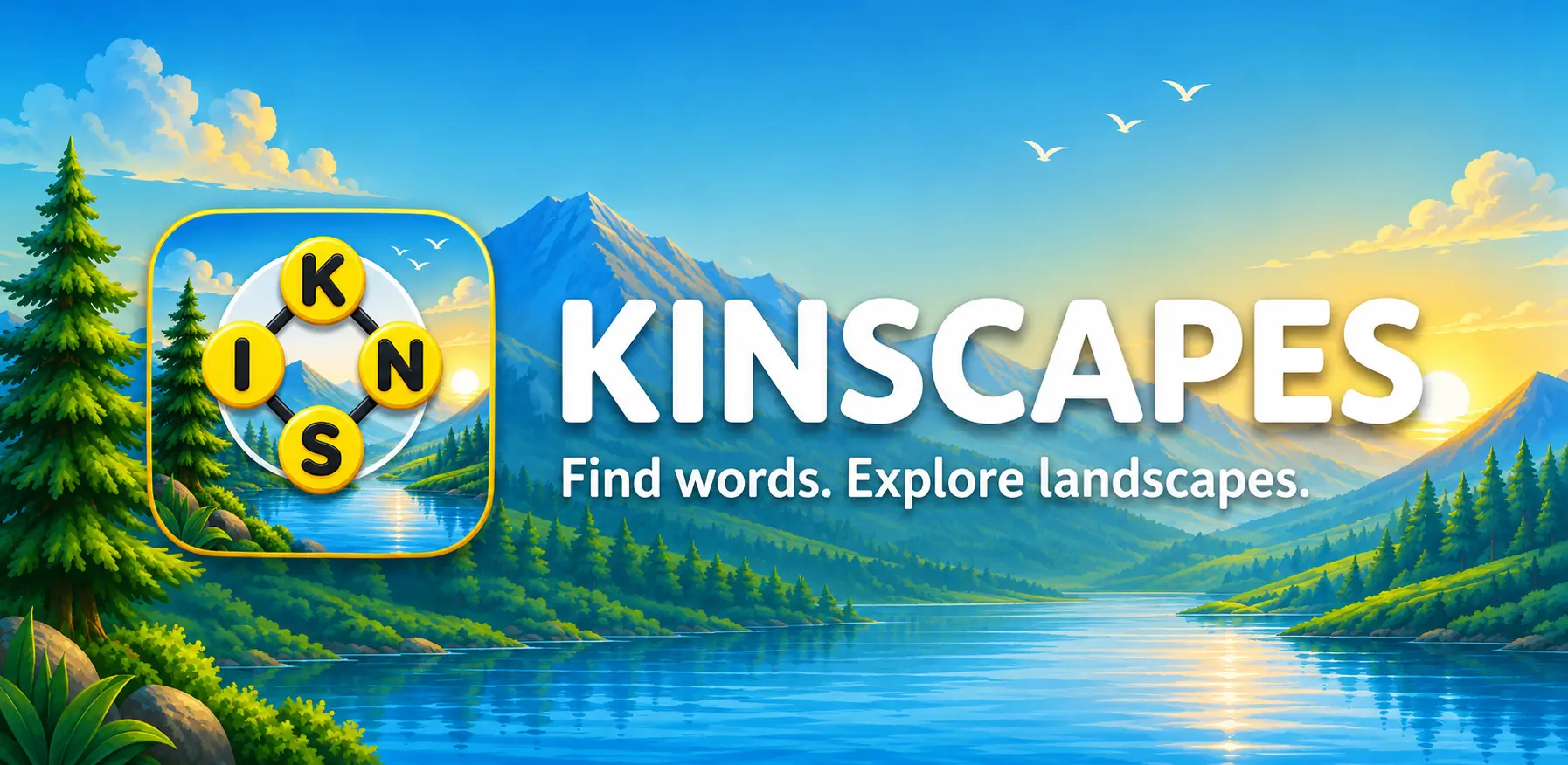Kinscapes word puzzle game set among mountains, forests, and lakes